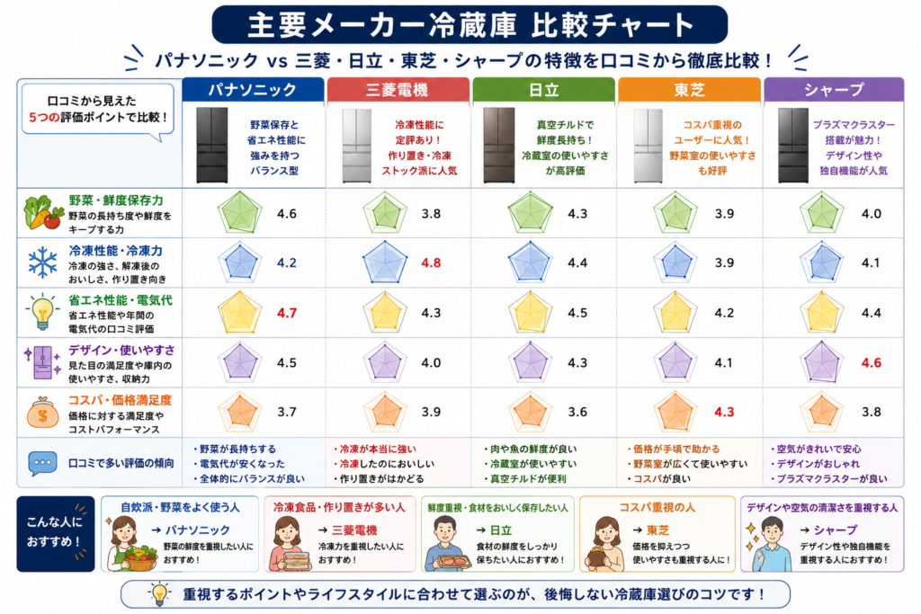 メーカー比較チャート(パナソニック vs 三菱・日立・東芝・シャープ)