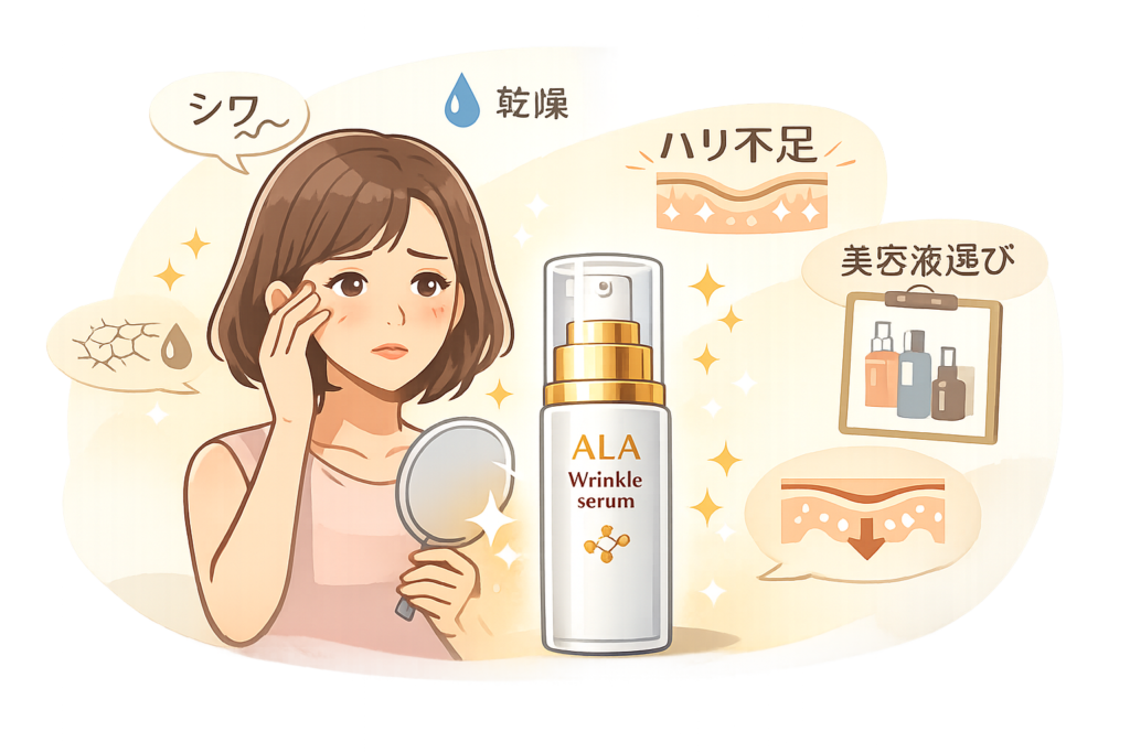 シワ・乾燥・美容液選びに悩む女性＋ALAリンクルセラム導入イラスト